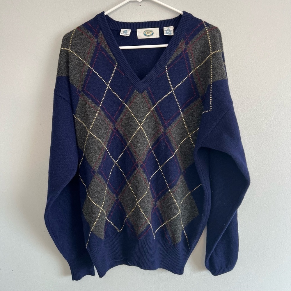 Harbour Club Mens Lambswool V Neck Argyle Plaid Sweater Sz M Blue Classic Preppy